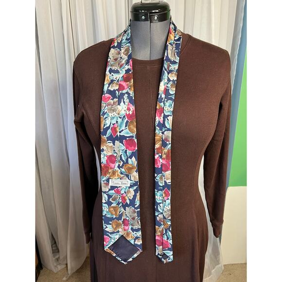 Tie vintage 1980s abstract floral pink blue - Picture 5 of 10